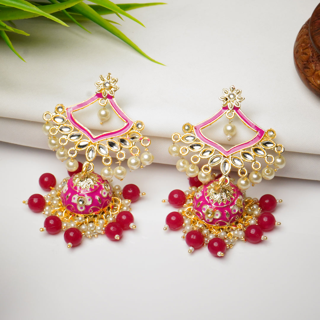 Traditional Gold Plated Red Kundan Pearl Drop Earrings