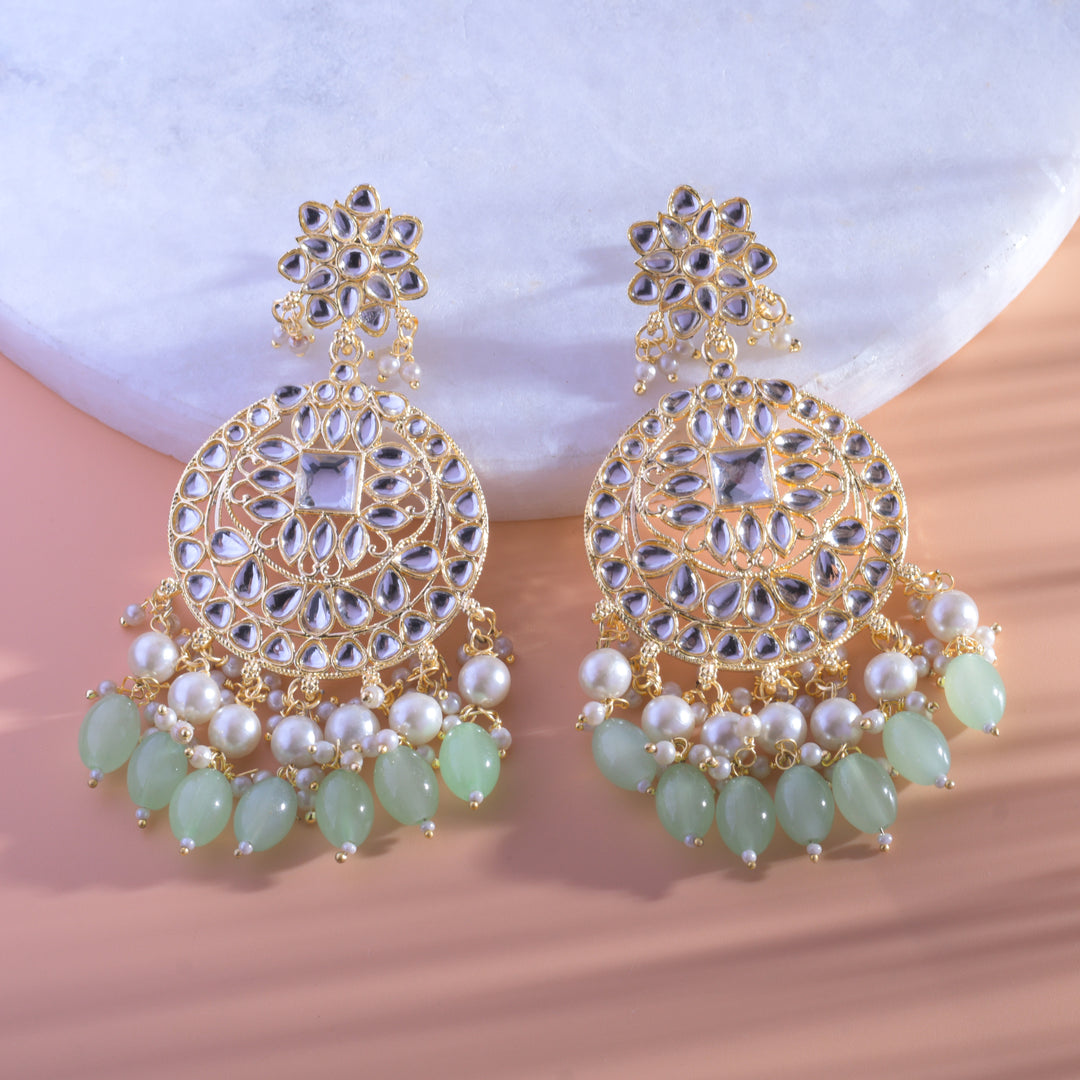 Gold Plated Traditional Mint Green Kundan & Pearl Earring