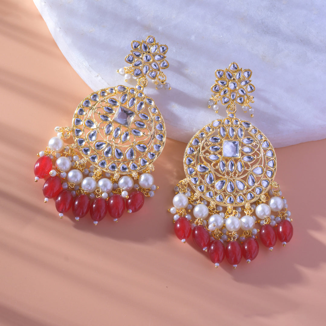 Gold Plated Traditional Red Kundan & Pearl Earring