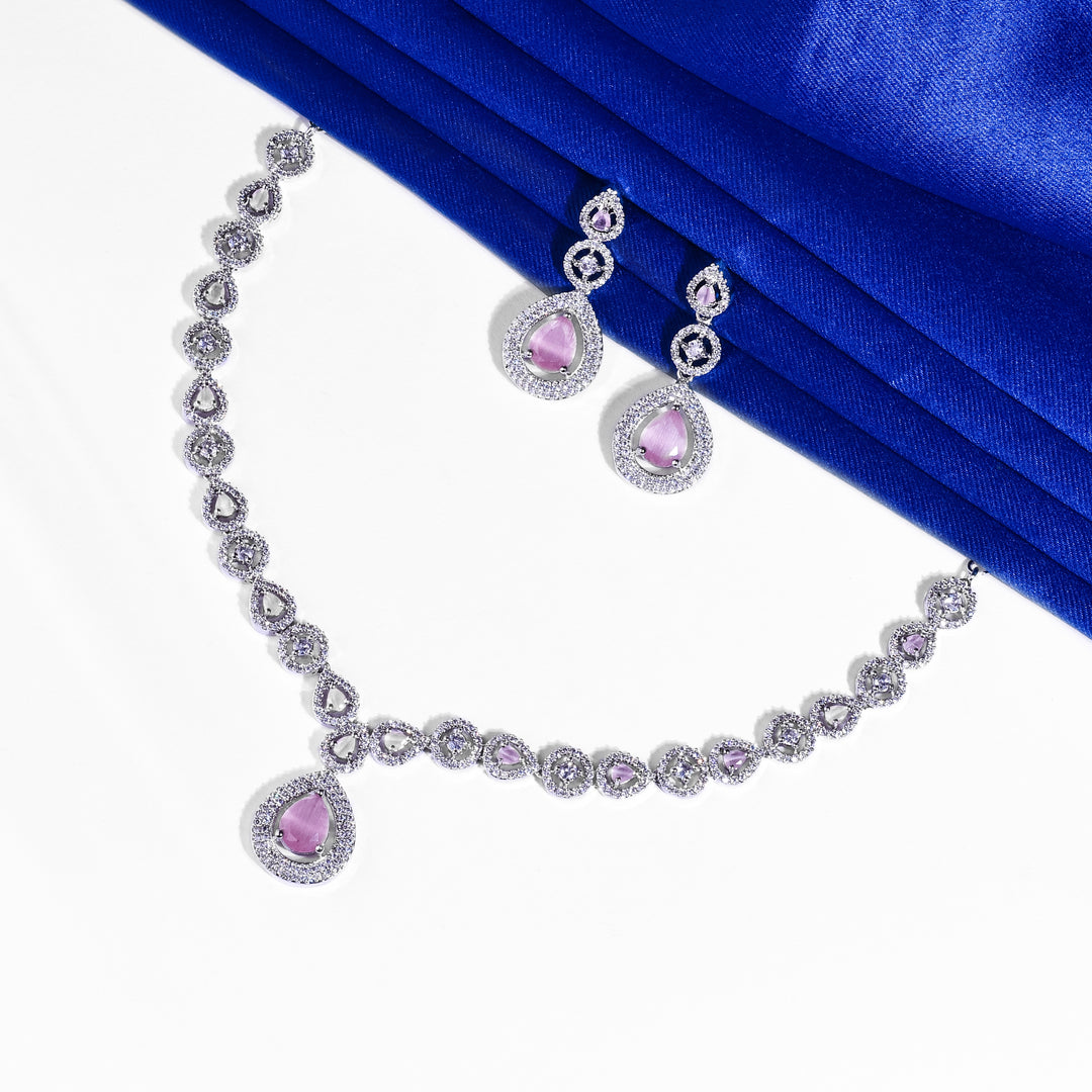 Silver Plated Pink Diamond Necklace Set