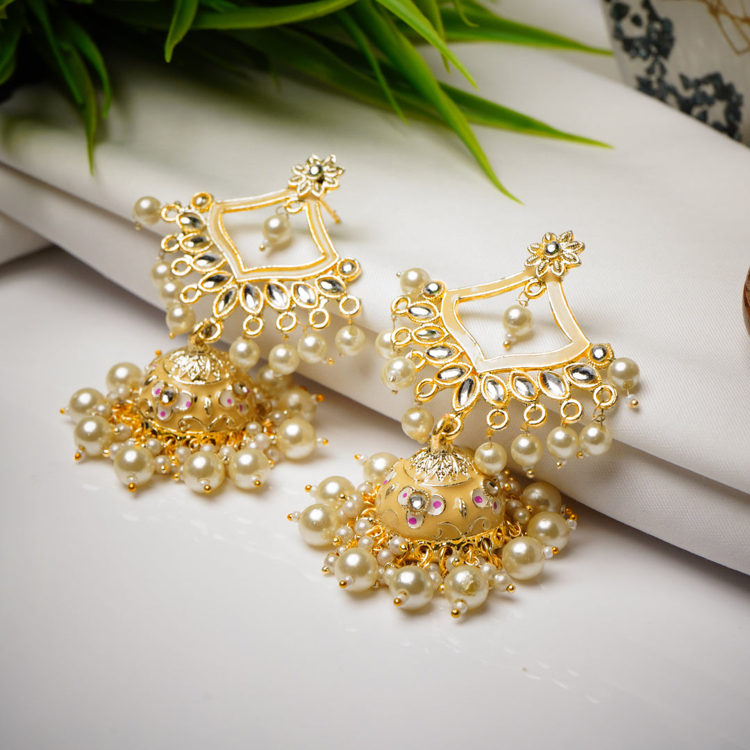 Traditional Gold Plated Silver Kundan Pearl Drop Earrings