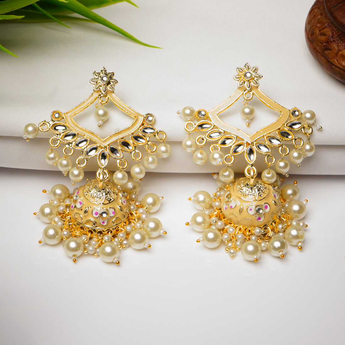 Traditional Gold Plated Silver Kundan Pearl Drop Earrings