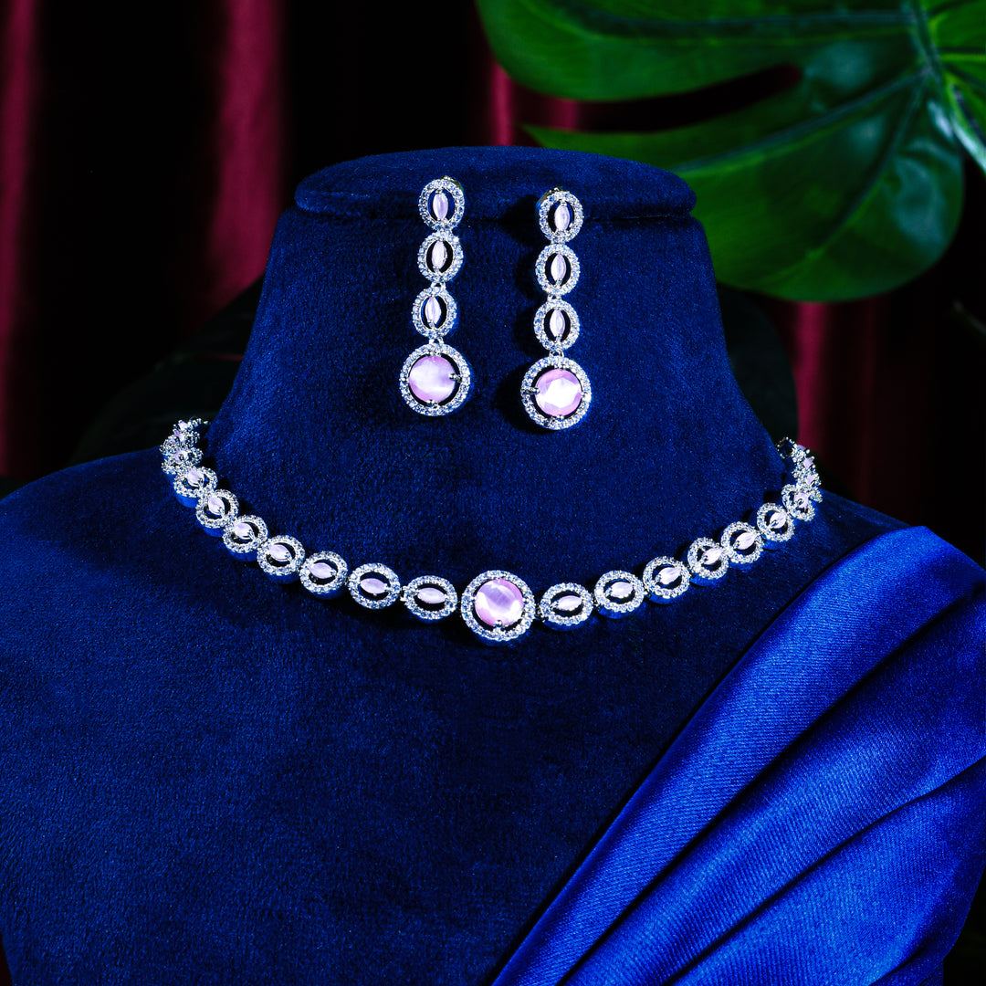 Silver Plated Necklace Set With Pink Stone