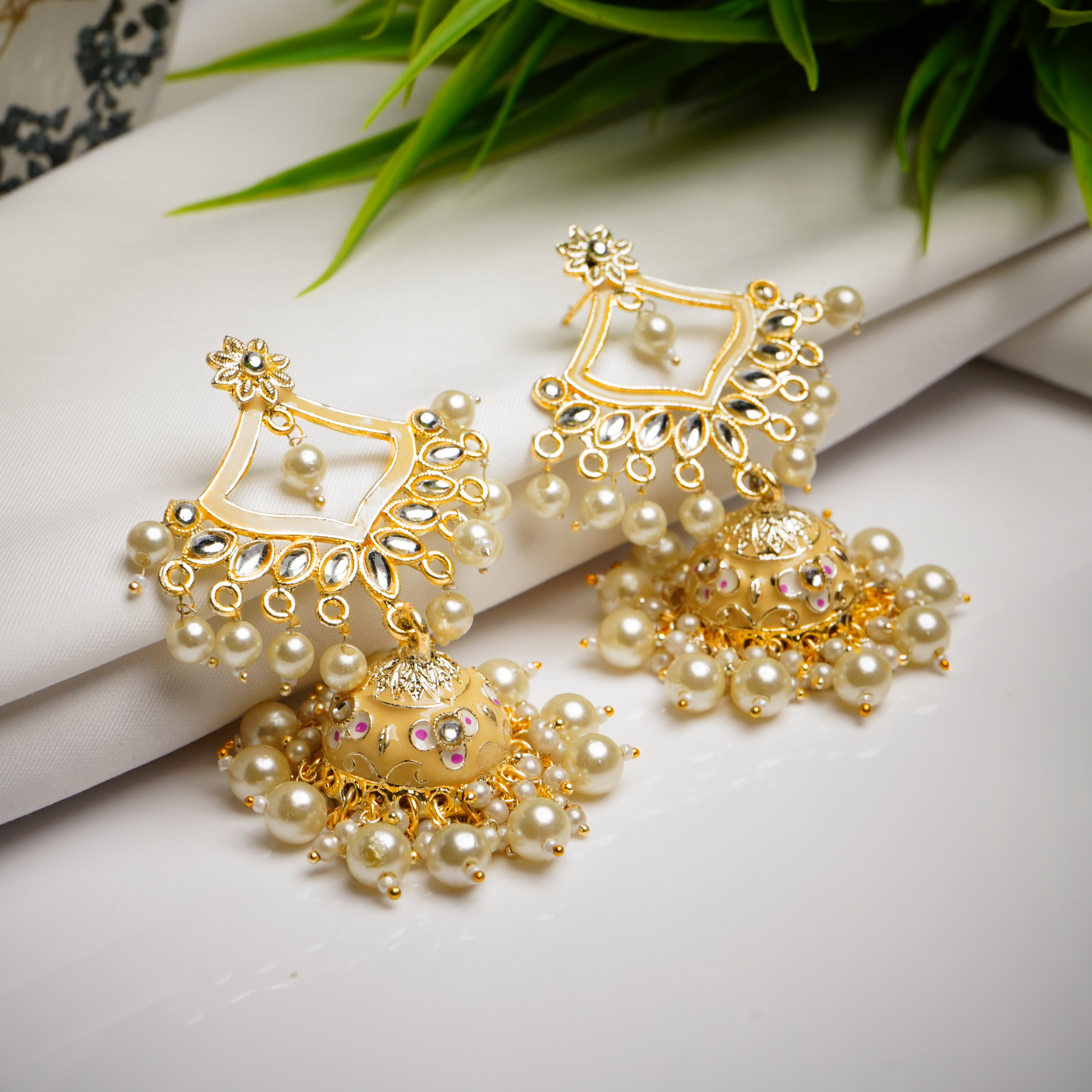 Traditional Gold Plated Silver Kundan Pearl Drop Earrings