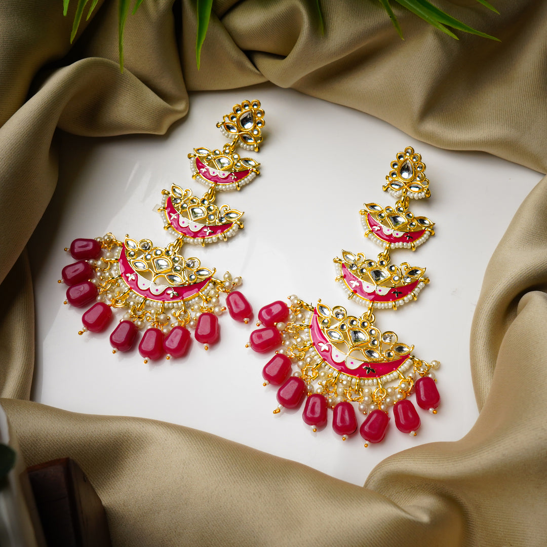 Gold Plated Red Chandbali Drop Earrings
