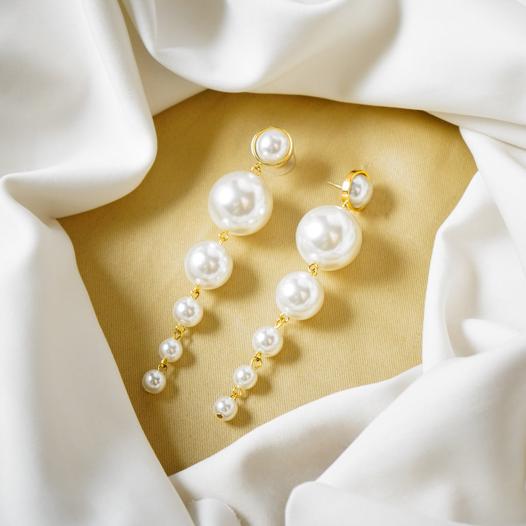 Silver Long Pearl Dangle Earrings