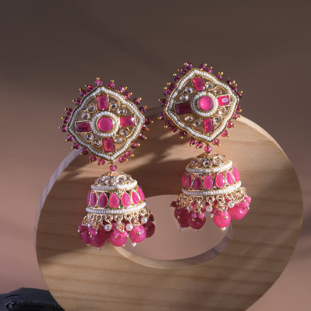 Kundan Floral Pink Jhumka Earrings