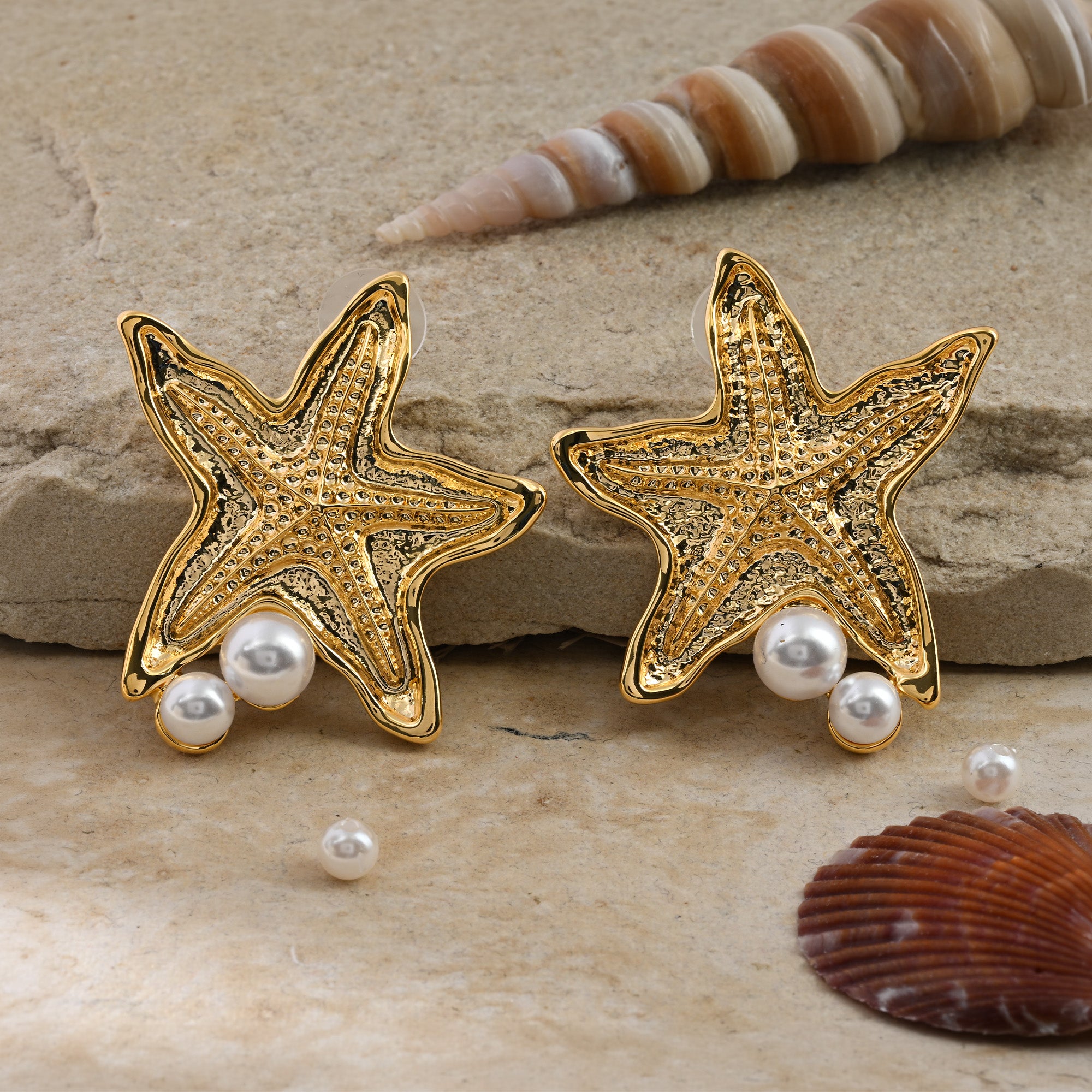 Golden Starfish & Pearl Studs