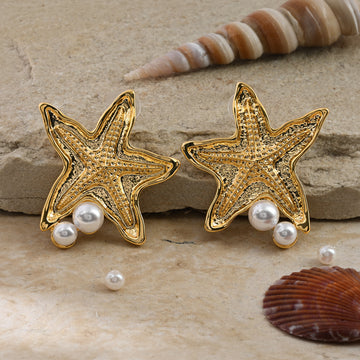 Golden Starfish & Pearl Studs