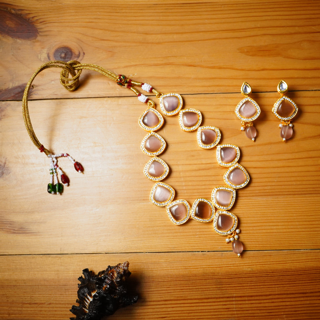 Gold Plated Kundan Pink Triangle Shape Necklace Set