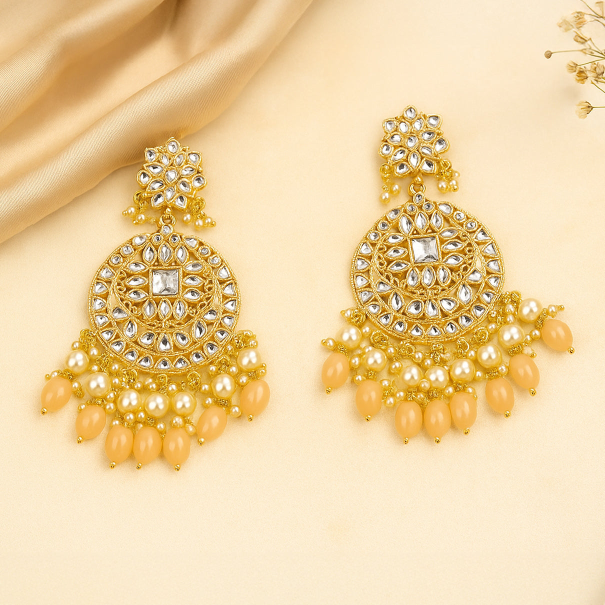 Gold Plated Traditional Light Pink Kundan & Pearl Earring