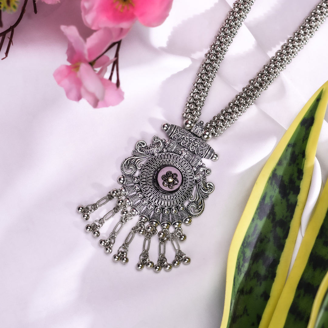 Silver Oxidised Floral Shaped Long Necklace