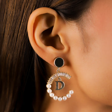 C Shape Hoop Pearl Studs Silver Earrings