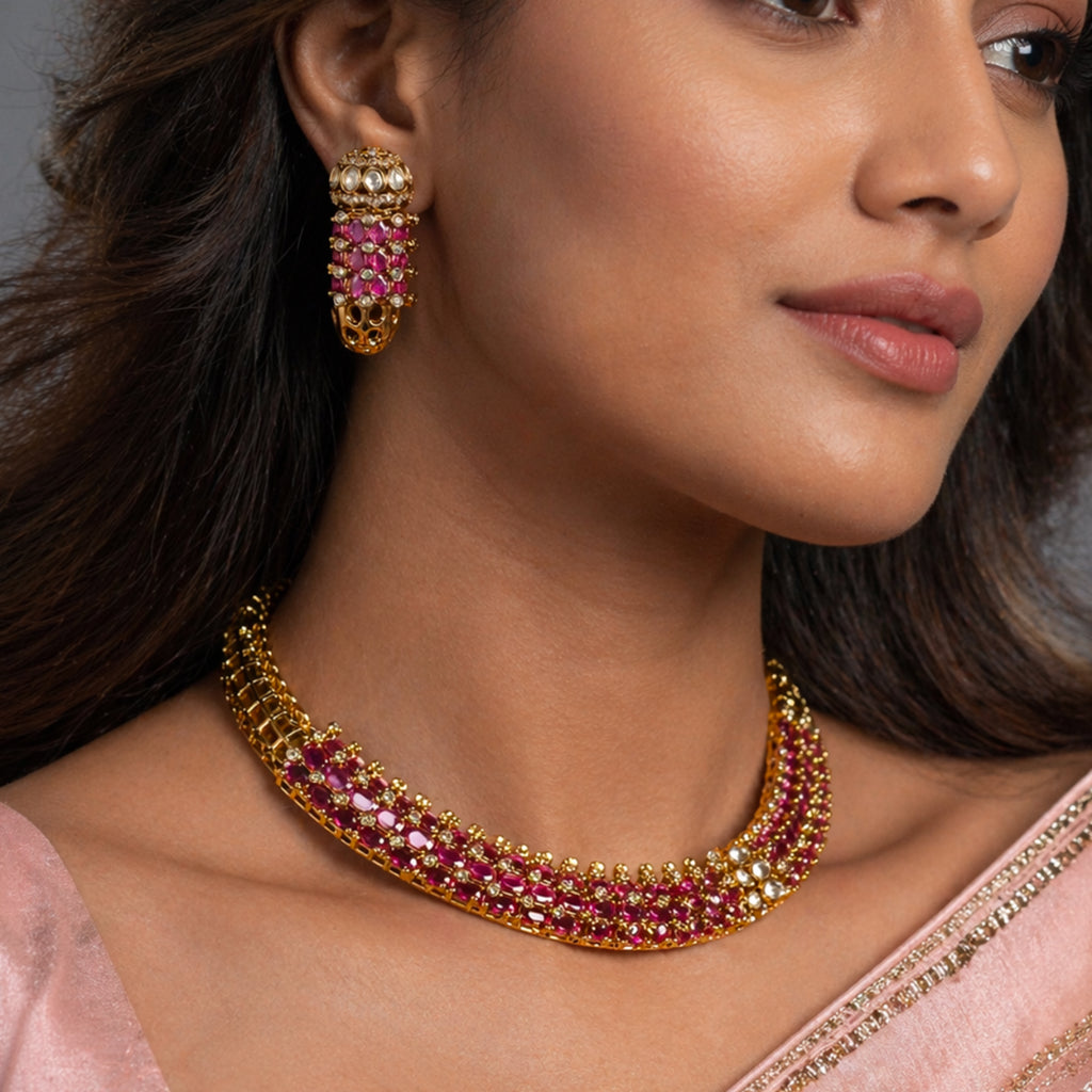 Rajasthani Pink Polki Hasli Set