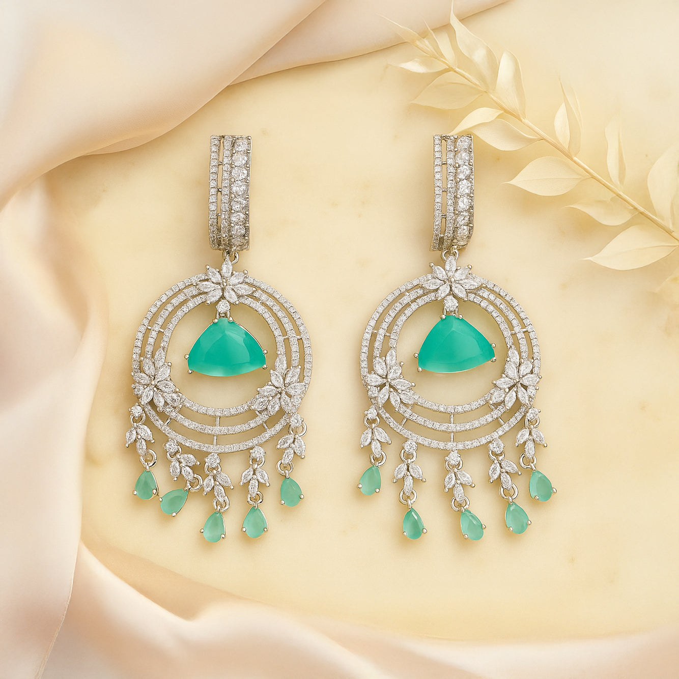 Elegance Mint Green and White Gems Earrings