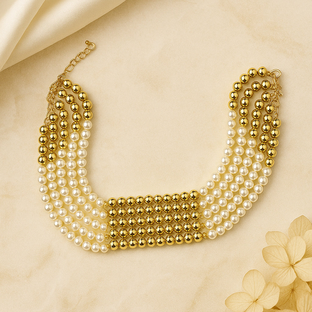 White n' Gold - Two-toned Layered Bead Necklace