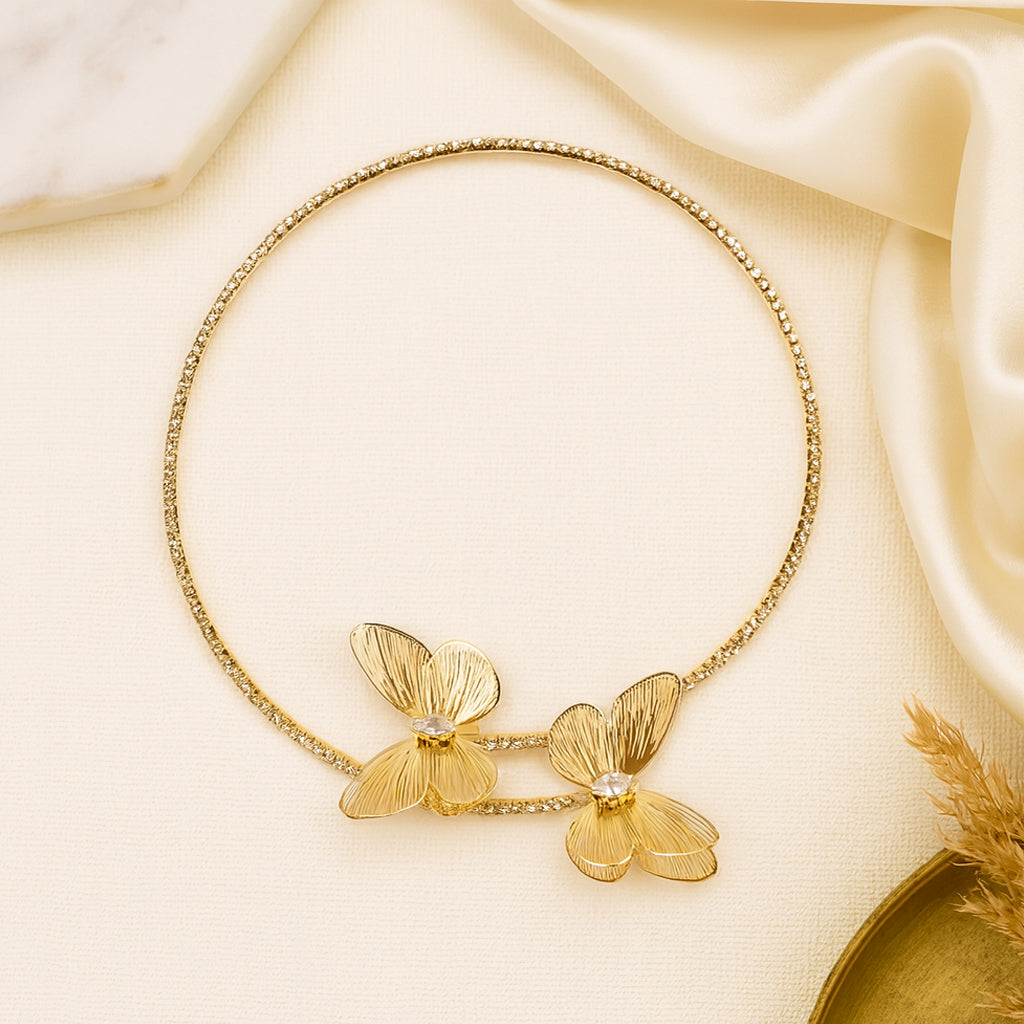 Golden Butterflies - Rhinestone Choker & Stud Earrings Set
