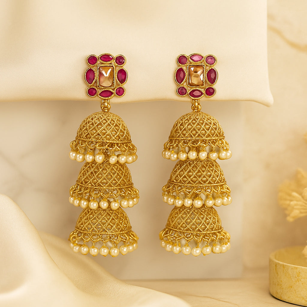 Three Layer Gold Pink Stone Studs Jhumka Earring
