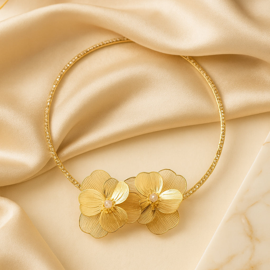 Shimmering Petals - Rhinestone Choker & Stud Earrings Set