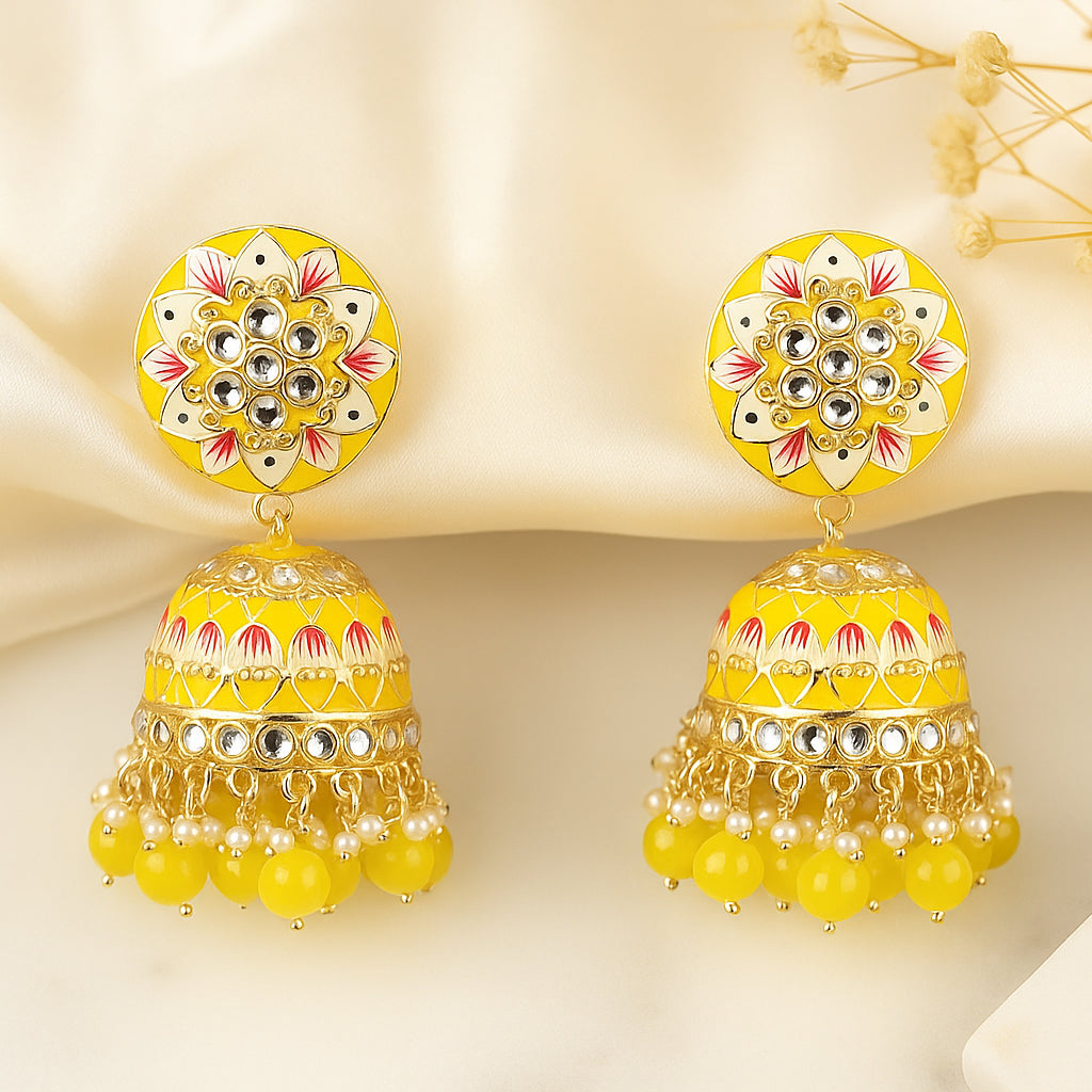 Yellow Gold Toned Traditional Jhumka Earrings