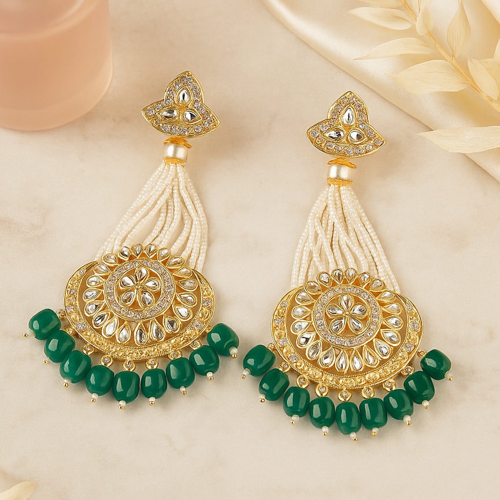 Gold-Plated Dark Green Chandbali Kundan Pearl Earrings