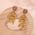 Load image into Gallery viewer, Three Layer Gold Pink Stone Studs Jhumka Earring
