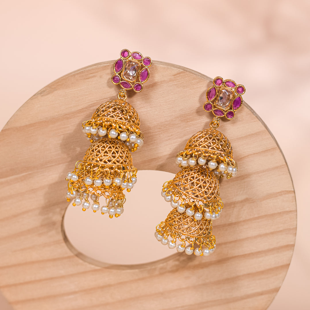 Three Layer Gold Pink Stone Studs Jhumka Earring