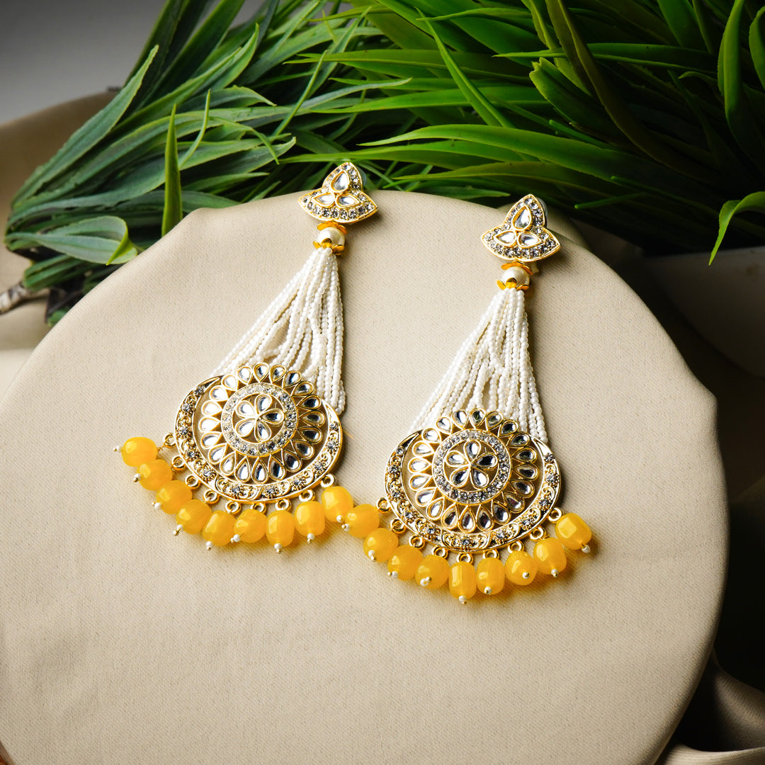 Gold-Plated Yellow Chandbali Kundan Pearl Earrings