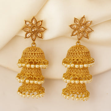 Three Layer Gold White Stone Studs Jhumka Earring