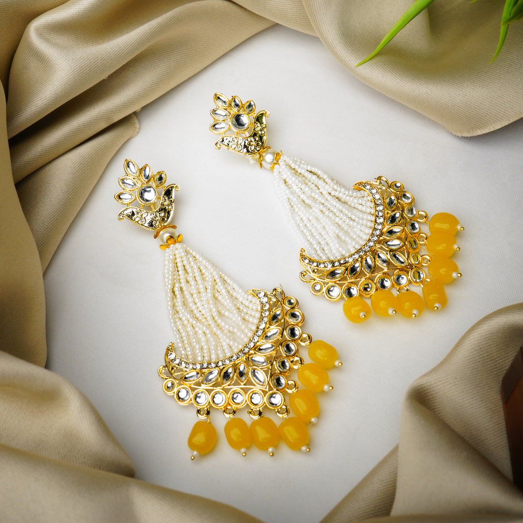 Traditional Kundan Yellow Pearl Drop Earrings