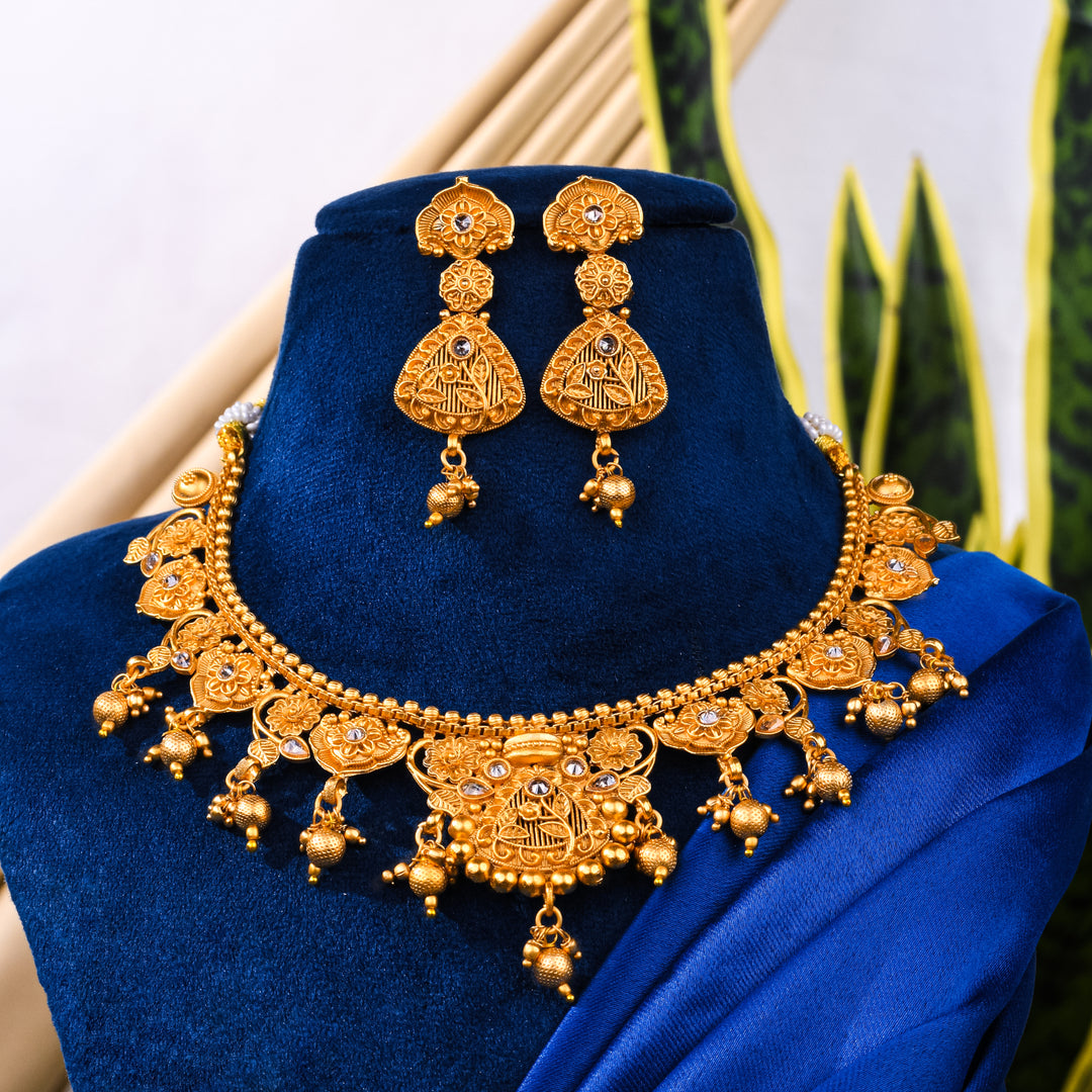 Rajwadi Gold-Plated White Stone Necklace Set