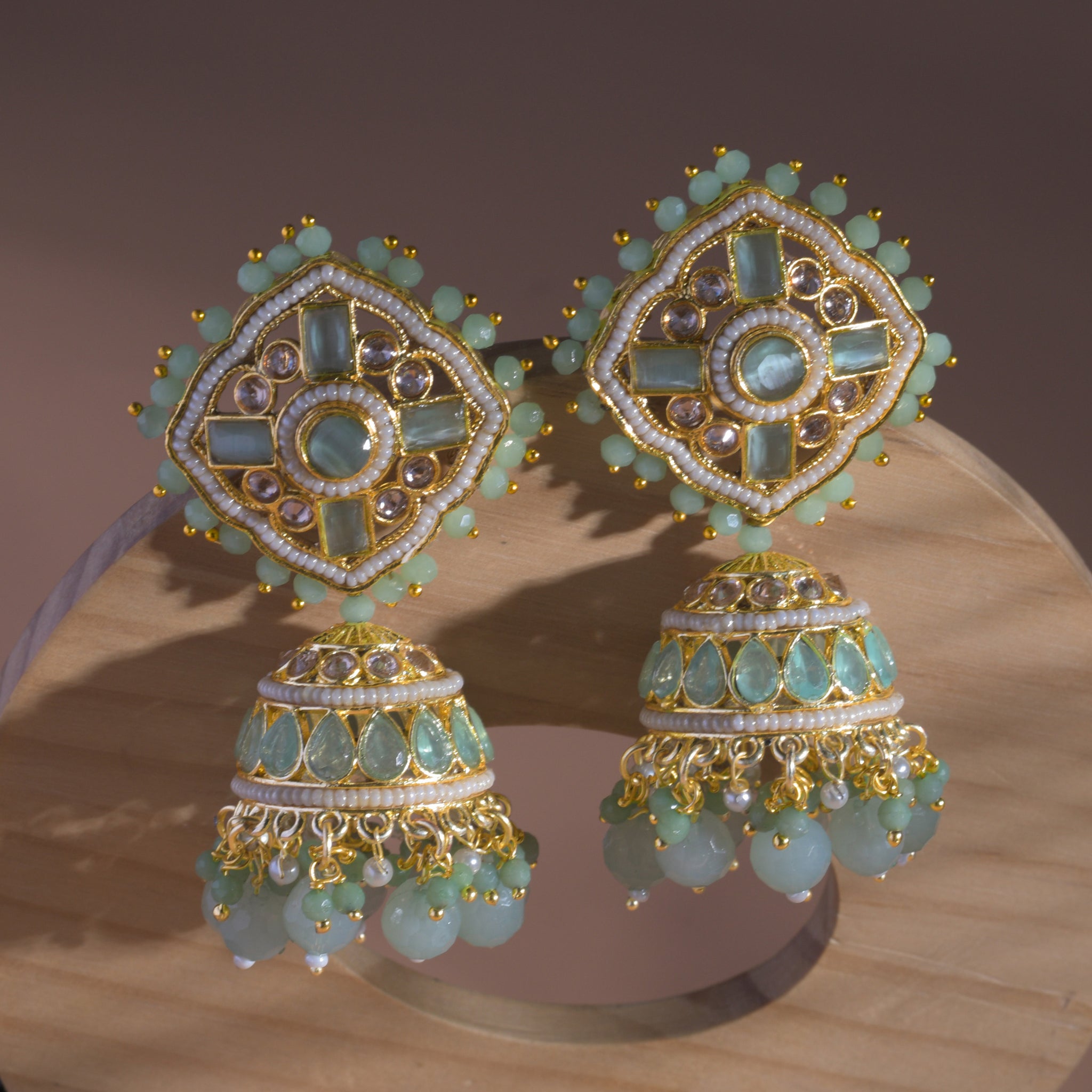 Kundan Floral Mint Green Jhumka Earrings