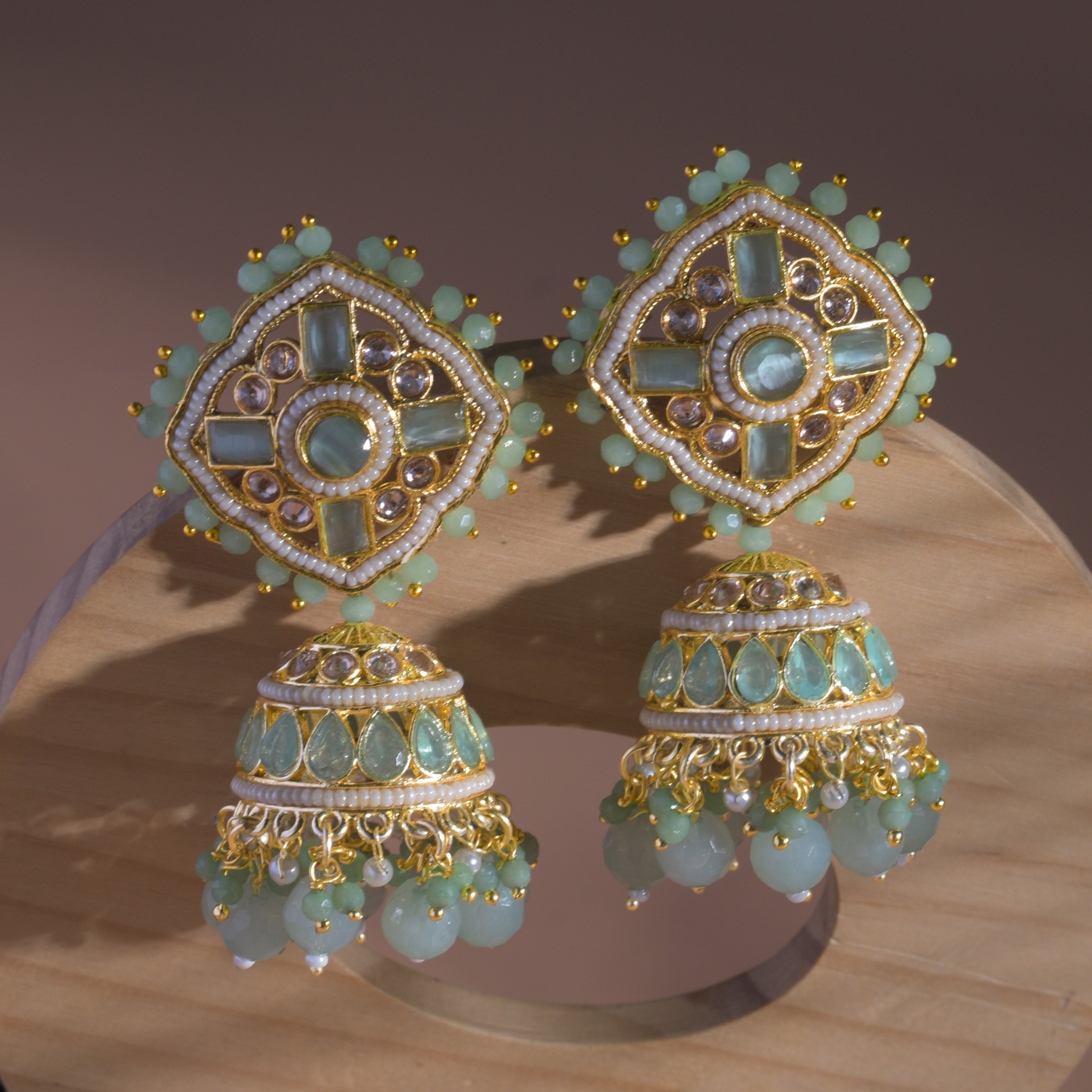 Kundan Floral Mint Green Jhumka Earrings