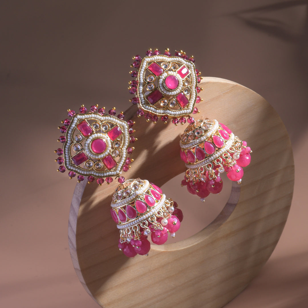 Kundan Floral Pink Jhumka Earrings