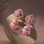 Load image into Gallery viewer, Kundan Floral Pink Jhumka Earrings