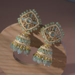 Load image into Gallery viewer, Kundan Floral Mint Green Jhumka Earrings
