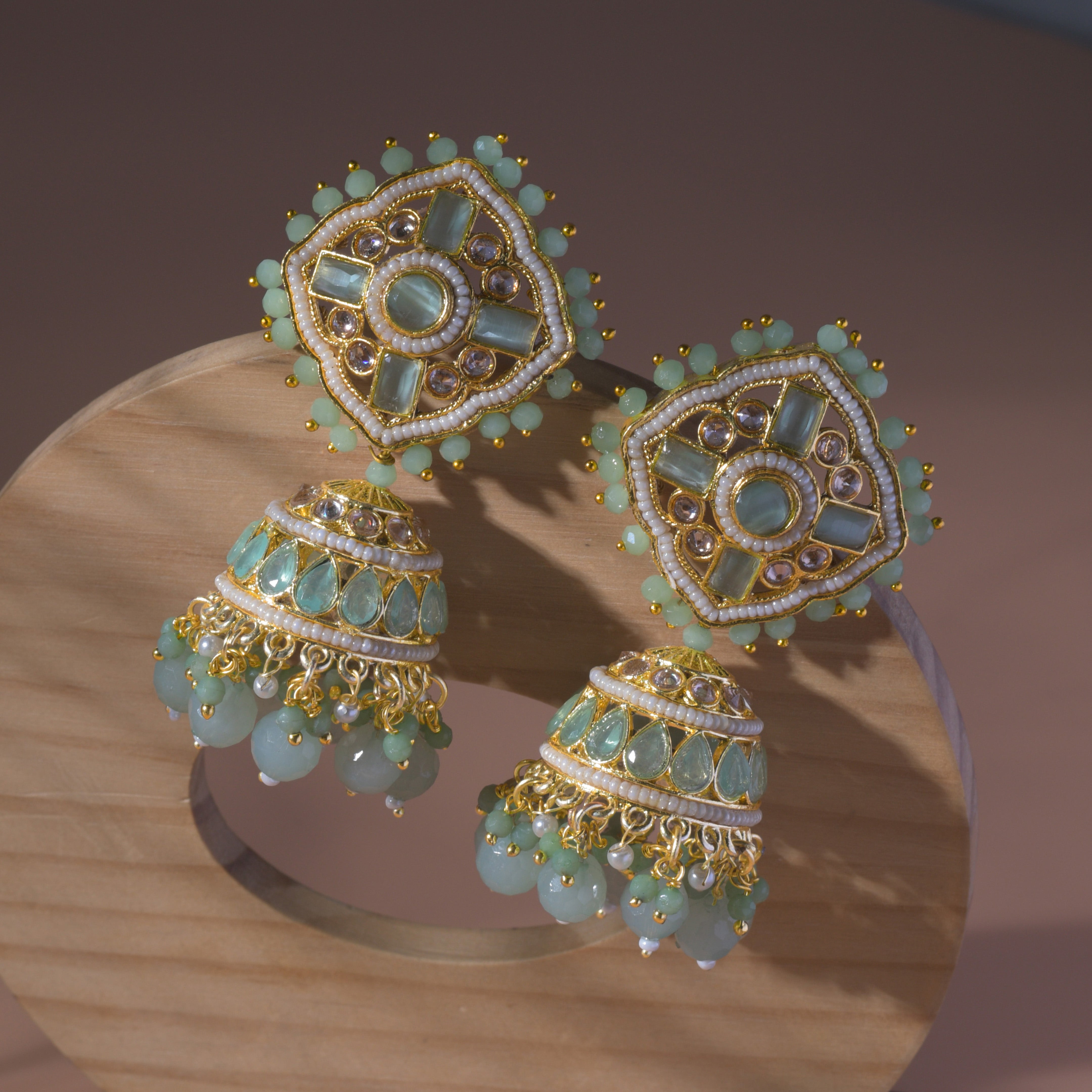 Kundan Floral Mint Green Jhumka Earrings