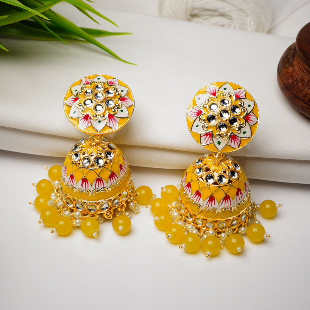 Yellow Gold Toned Traditional Jhumka Earrings