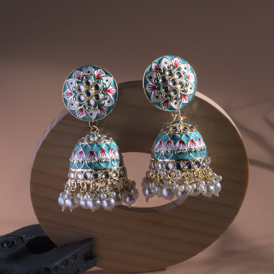 Blue Gold Toned Traditional Jhumka Earrings