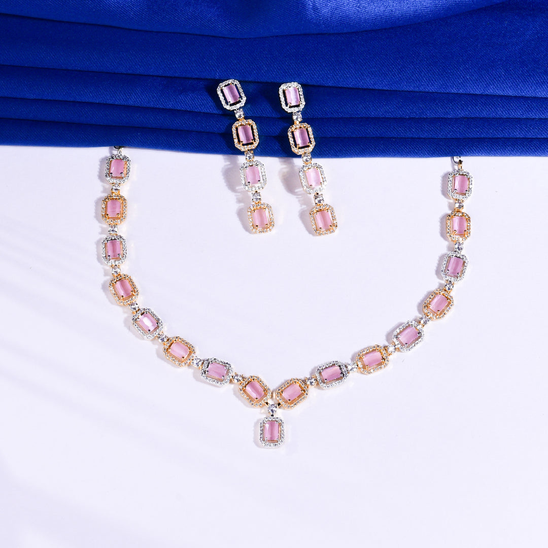 Rose Gold Pink Gemstone Studded Elegant Necklace Set