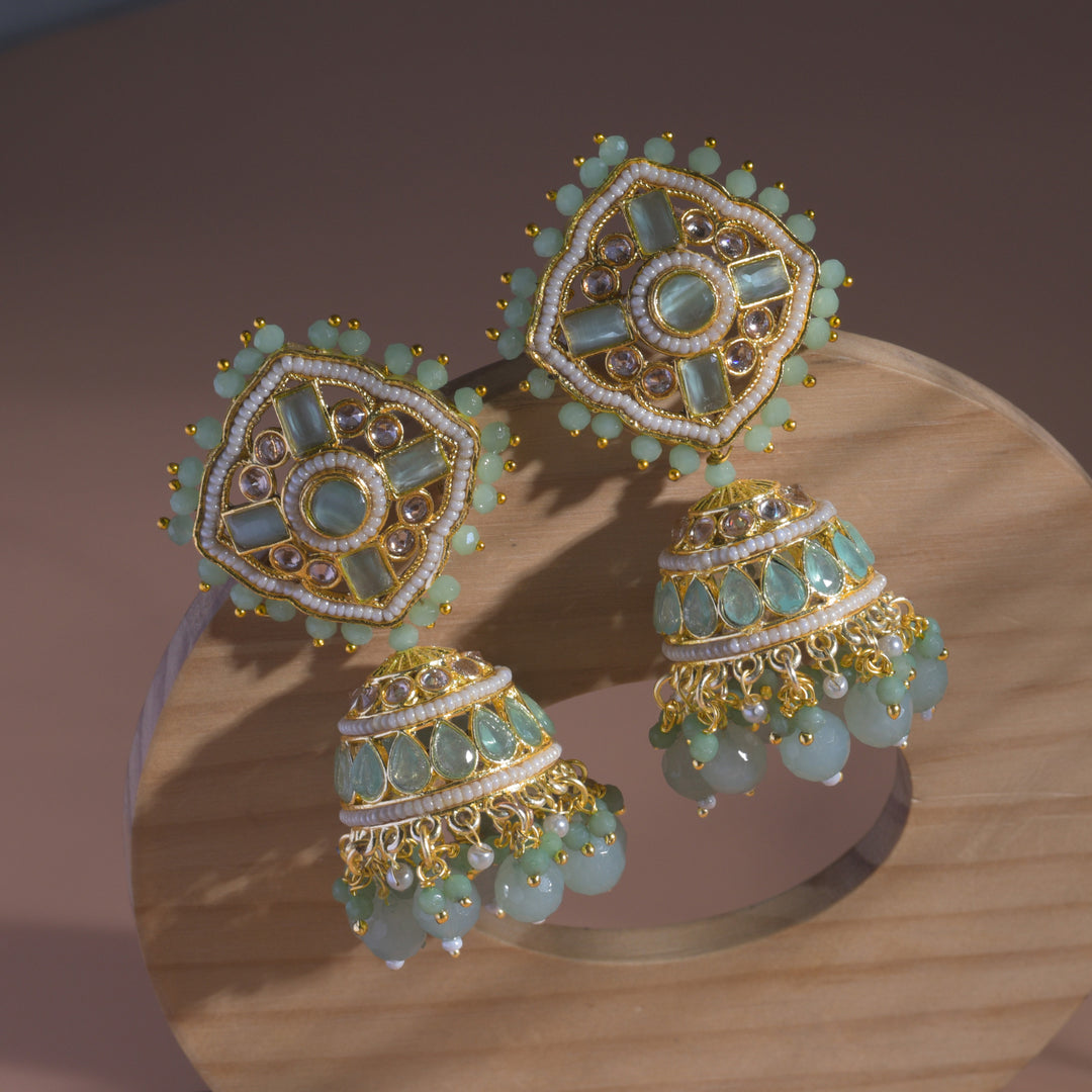 Kundan Floral Mint Green Jhumka Earrings