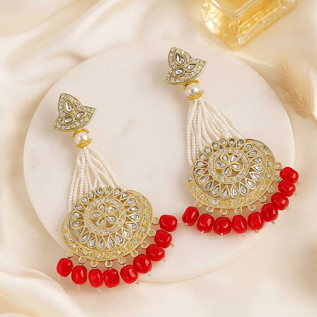 Gold-Plated Red Chandbali Kundan Pearl Earrings