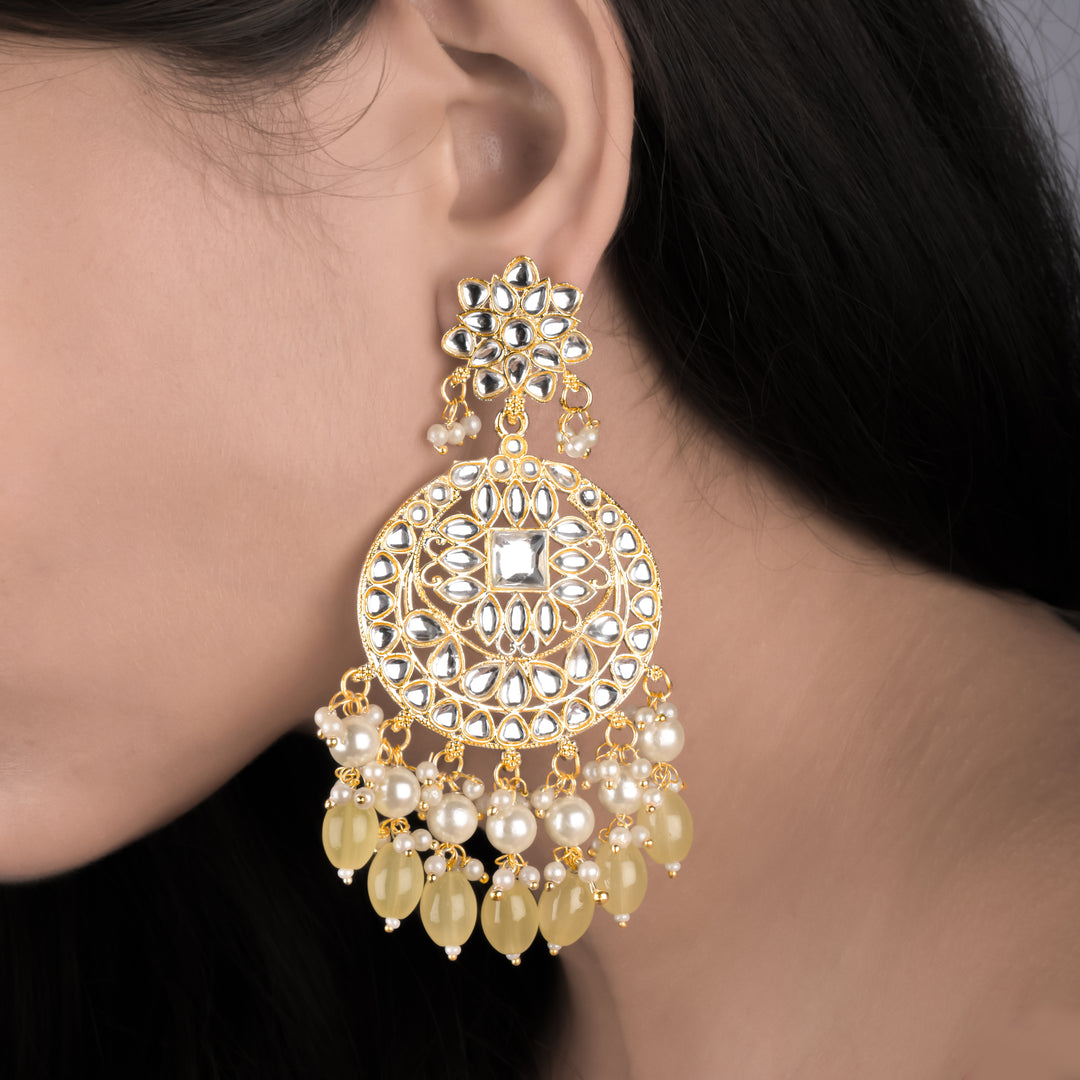 Gold Plated Traditional Yellow Kundan & Pearl Earring