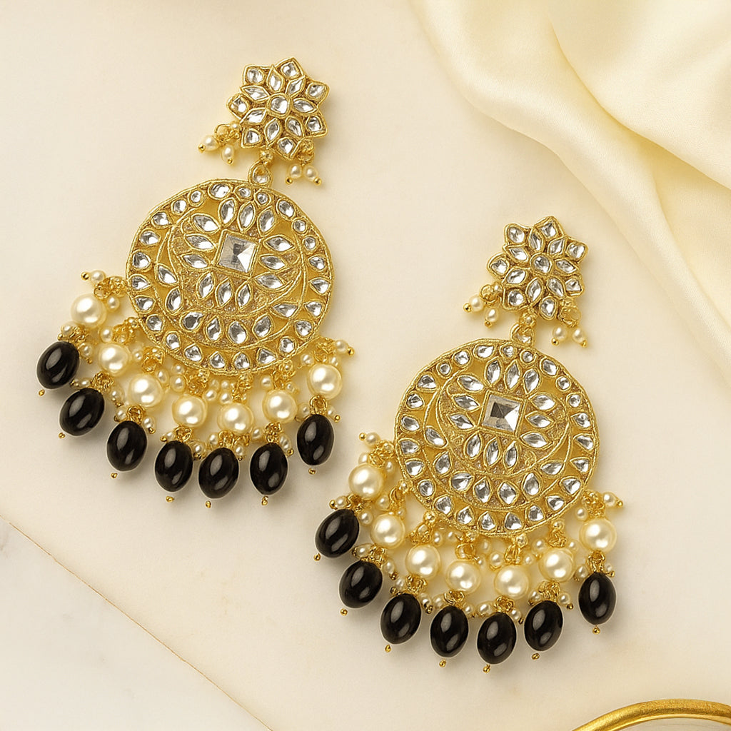 Gold Plated Traditional Black Kundan & Pearl Earring