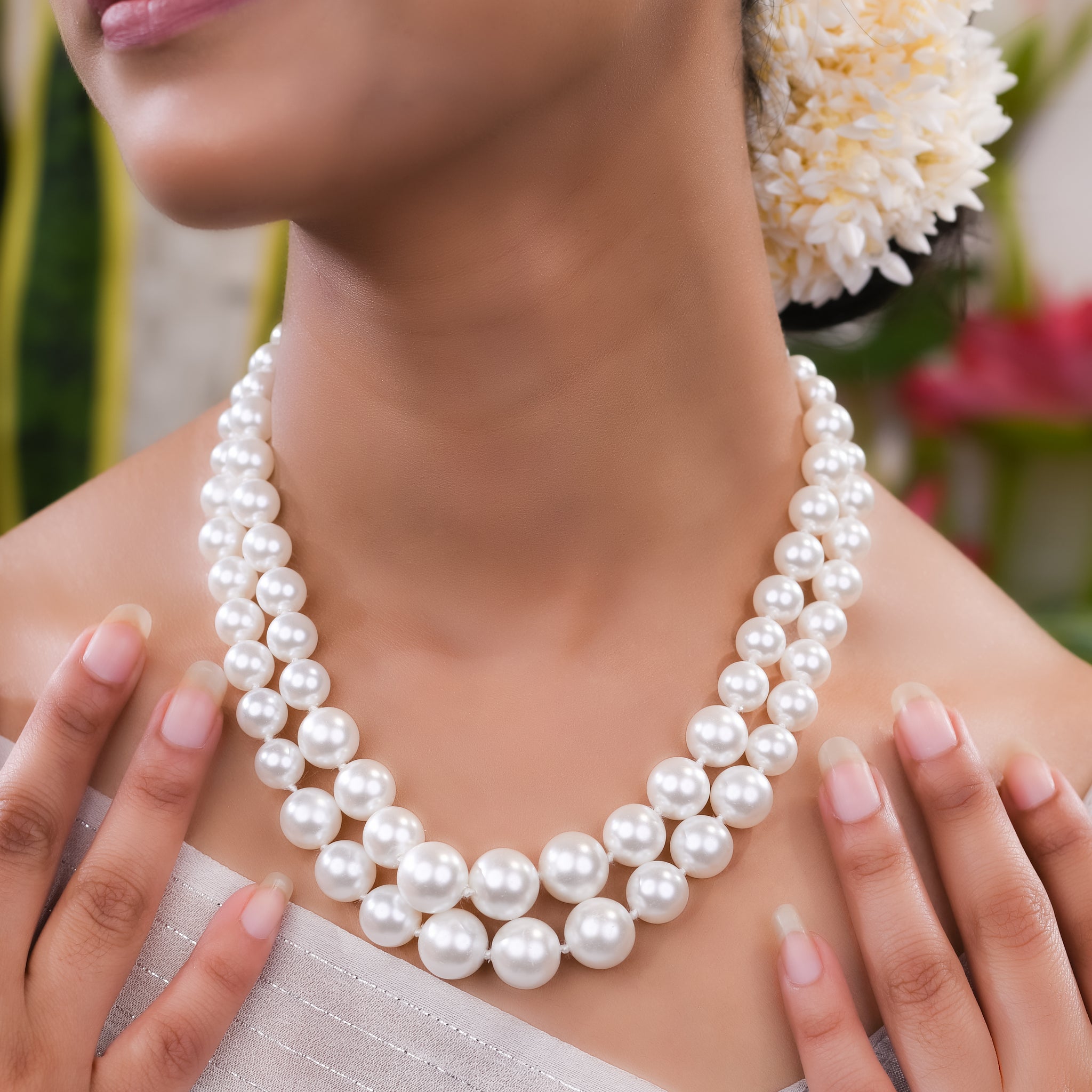 Double Strands Oval Pearl Necklace