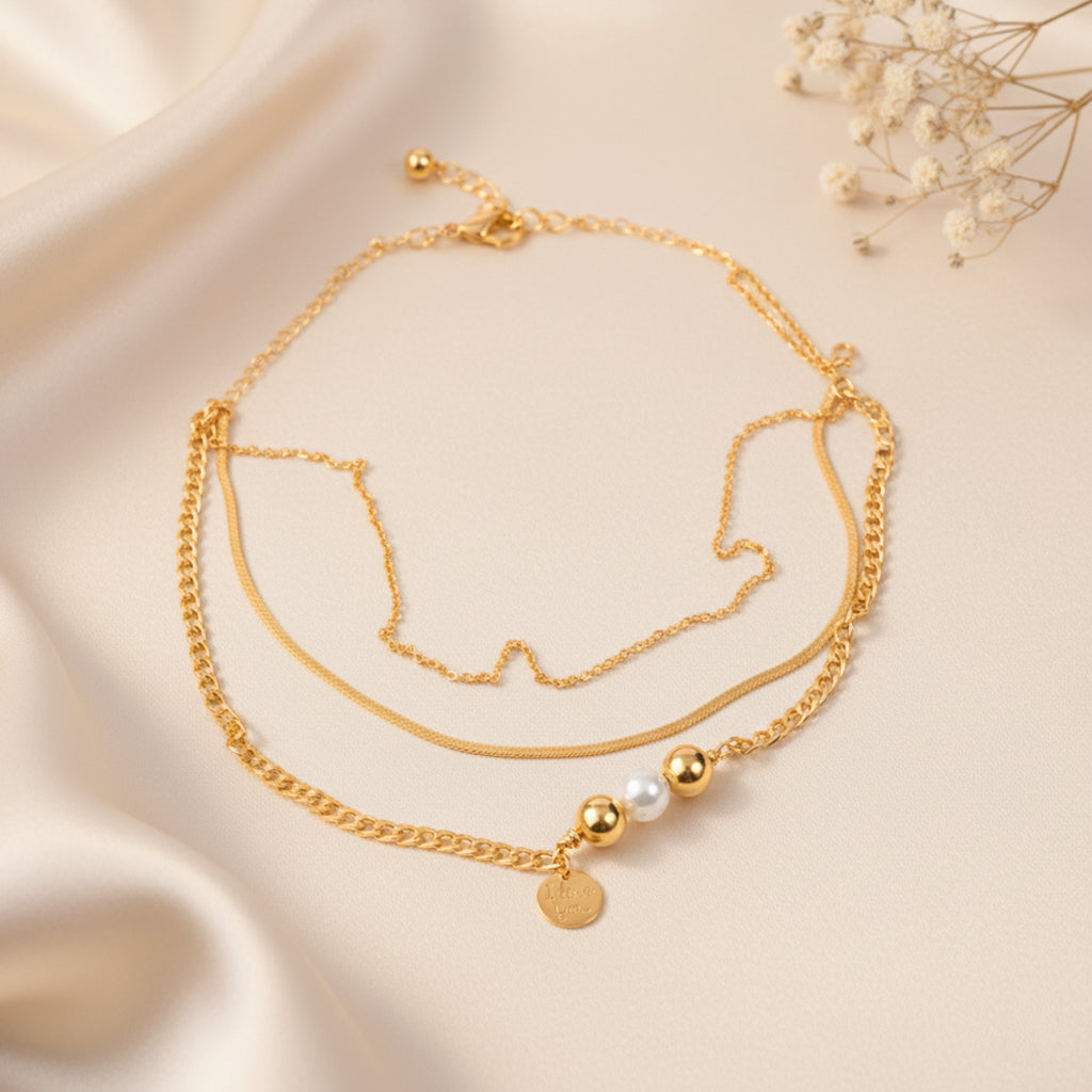 Glossy Gold Three Layer Chain Necklace With Pearl