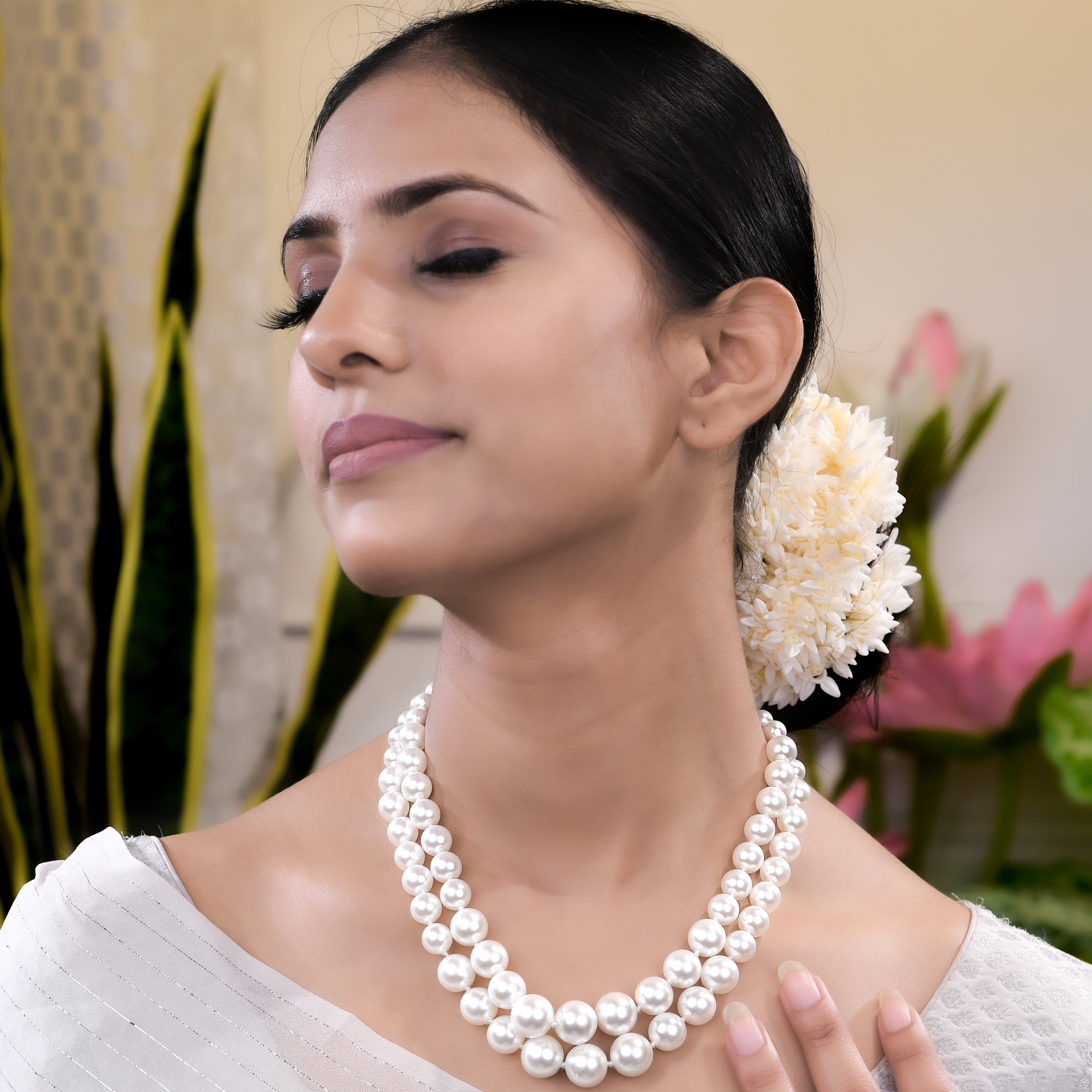 Double Strands Oval Pearl Necklace