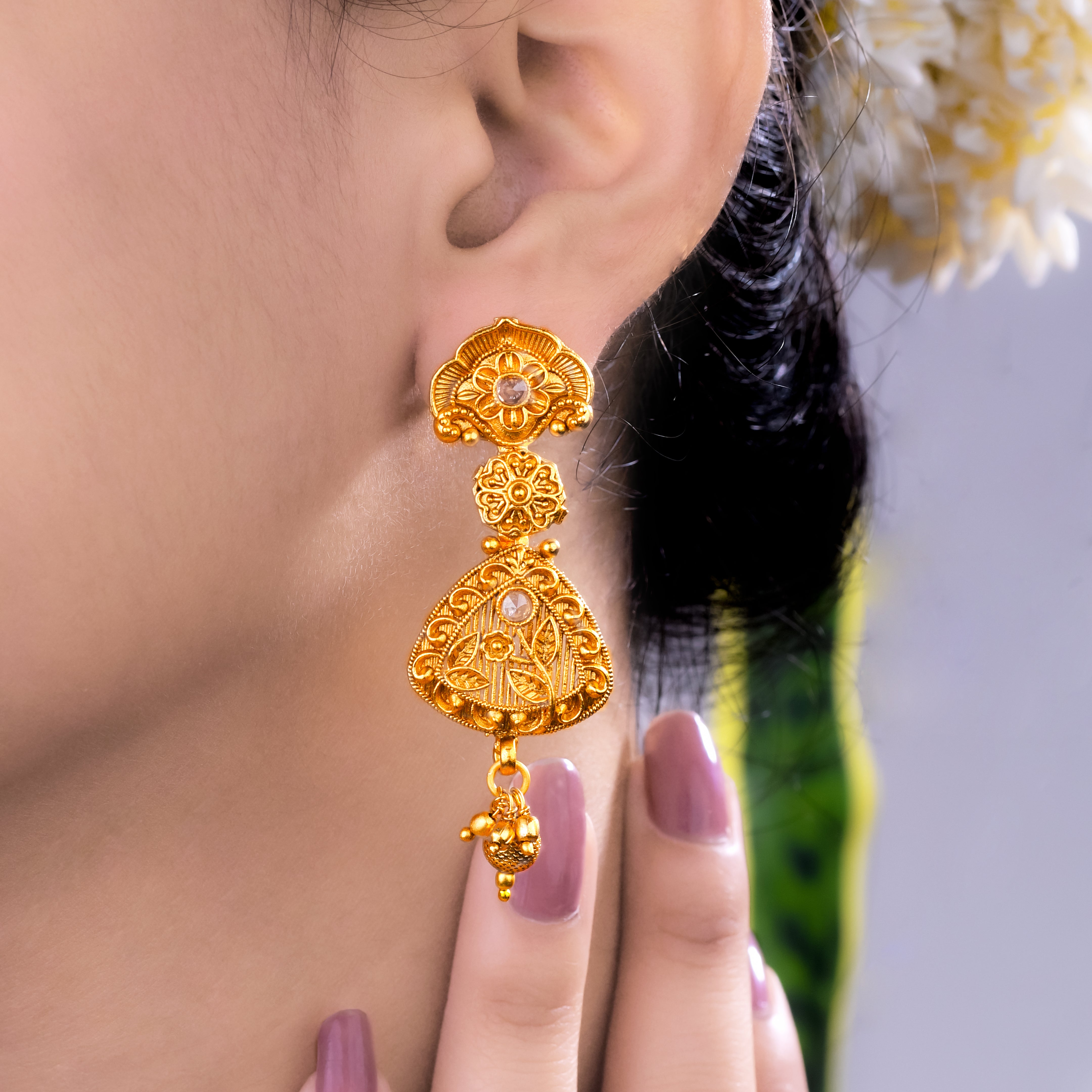 Rajwadi Gold-Plated White Stone Necklace Set