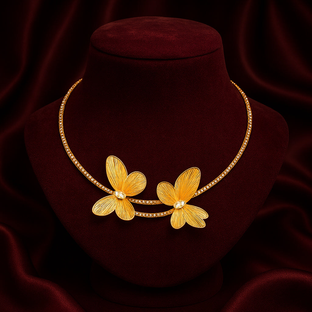 Golden Butterflies - Rhinestone Choker & Stud Earrings Set