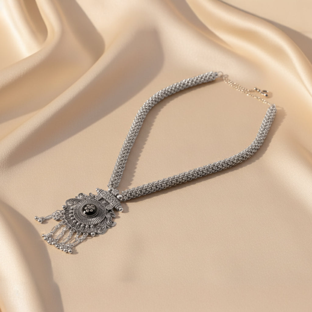 Silver Oxidised Floral Shaped Long Necklace